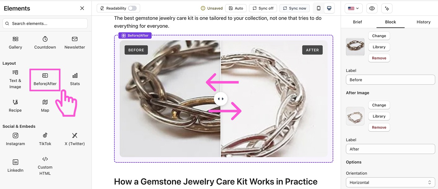 Learn to add a sliding before and after image comparison block to a blog post in Shopify