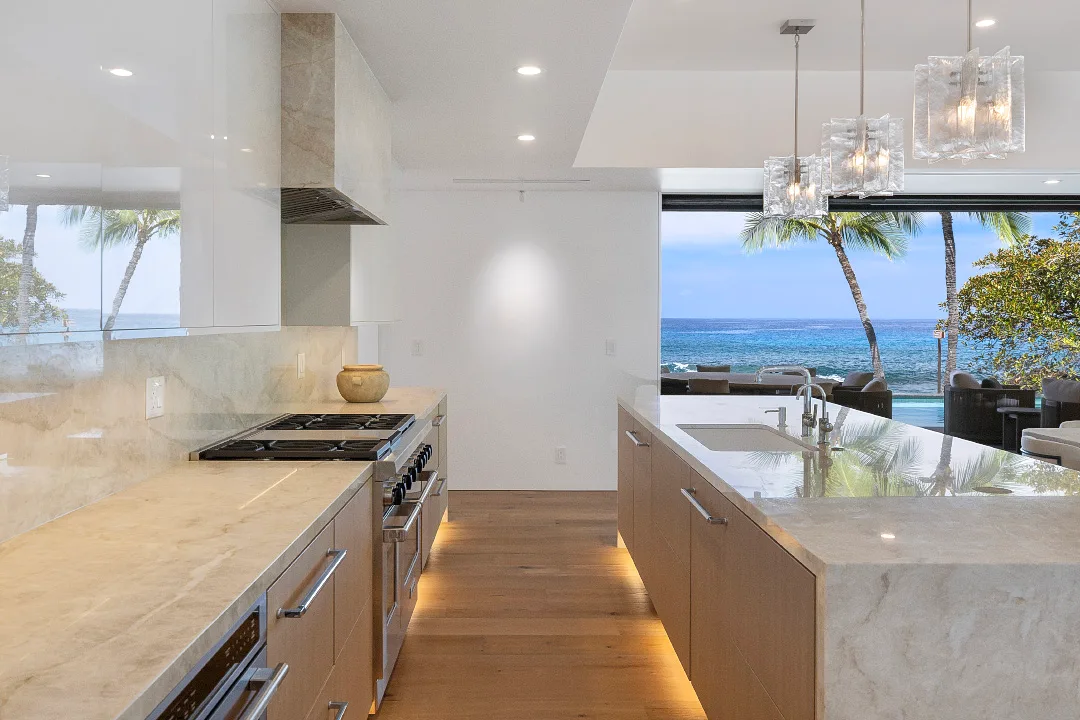 Aerial view of a Nicholson-built oceanfront home at Kukio on the Kona Coast
