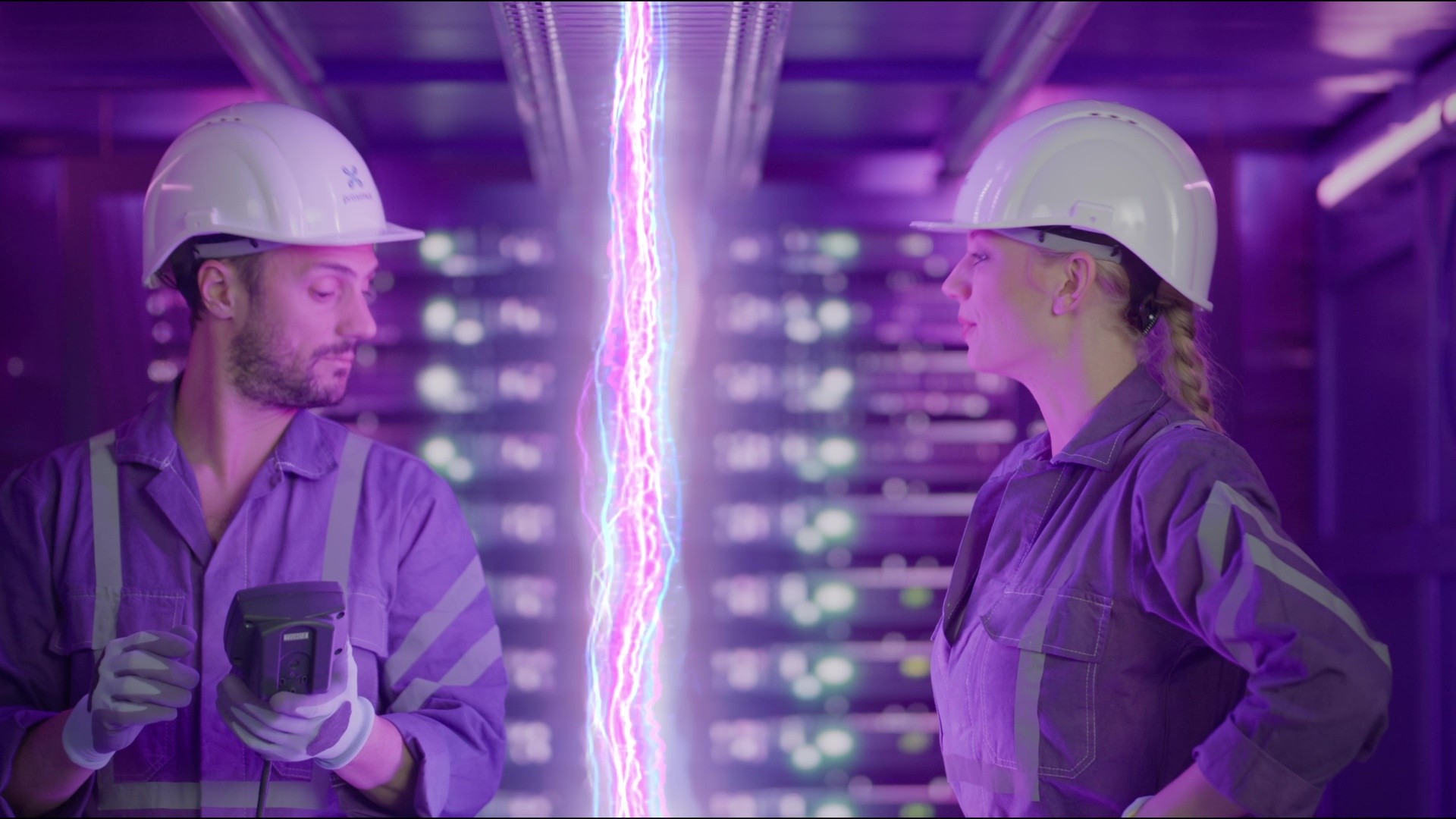 Two technicians tweaking the fiber energy parameters