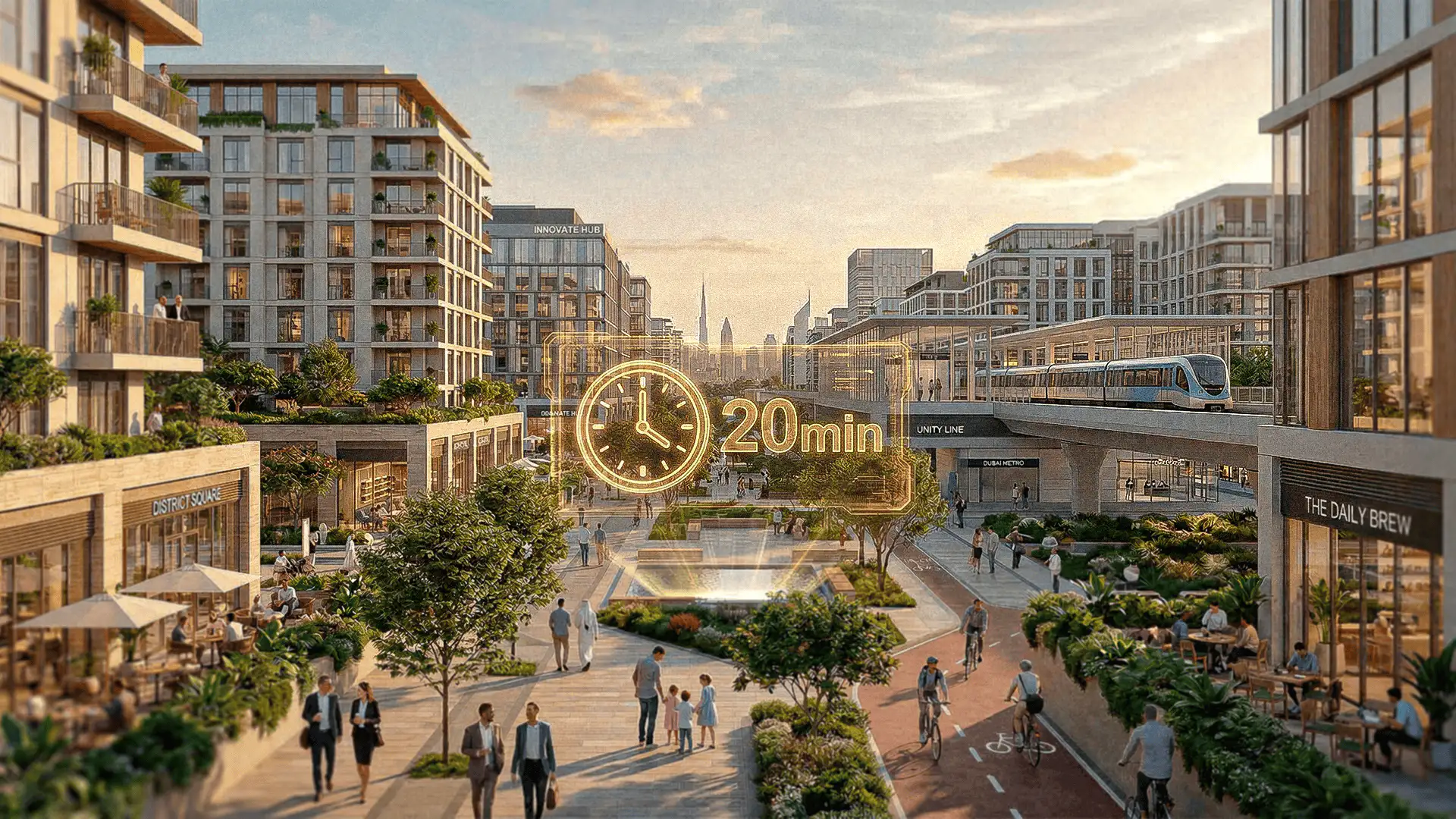 Barrio planificado en Dubái con movilidad sostenible, espacios comerciales, residencias modernas y conexión al metro en 20 minutos.