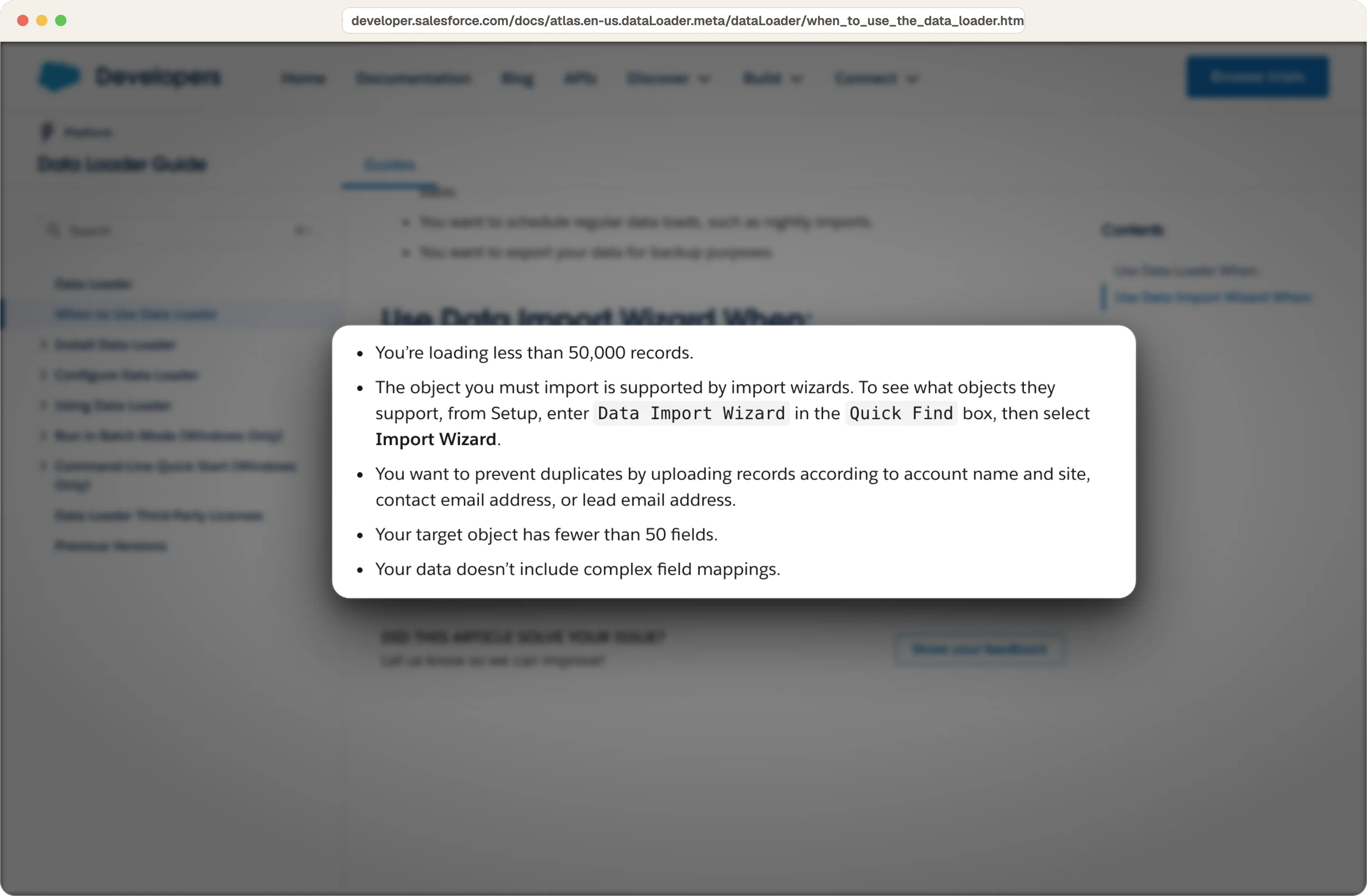 Salesforce guidance to use the Data Import Wizard when loading fewer than 50,000 records, highlighted