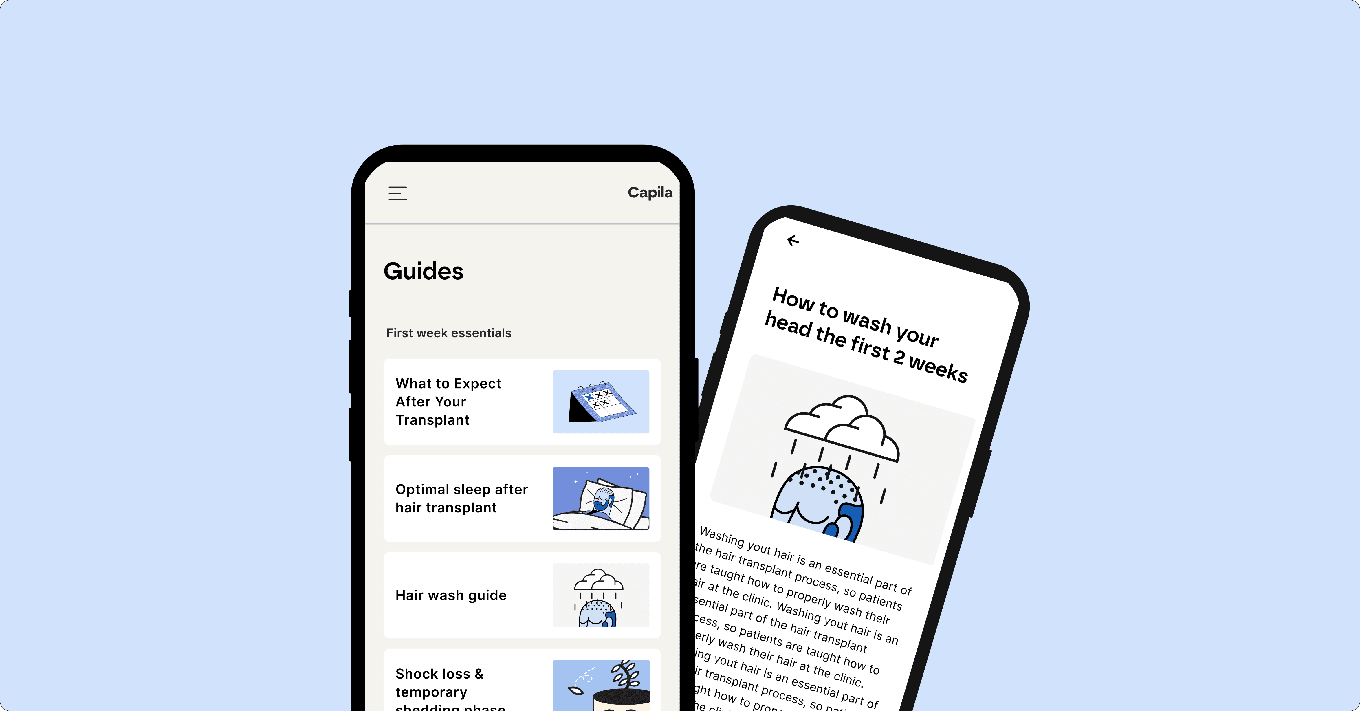 capila app showing guides for common recovery questions and concerns