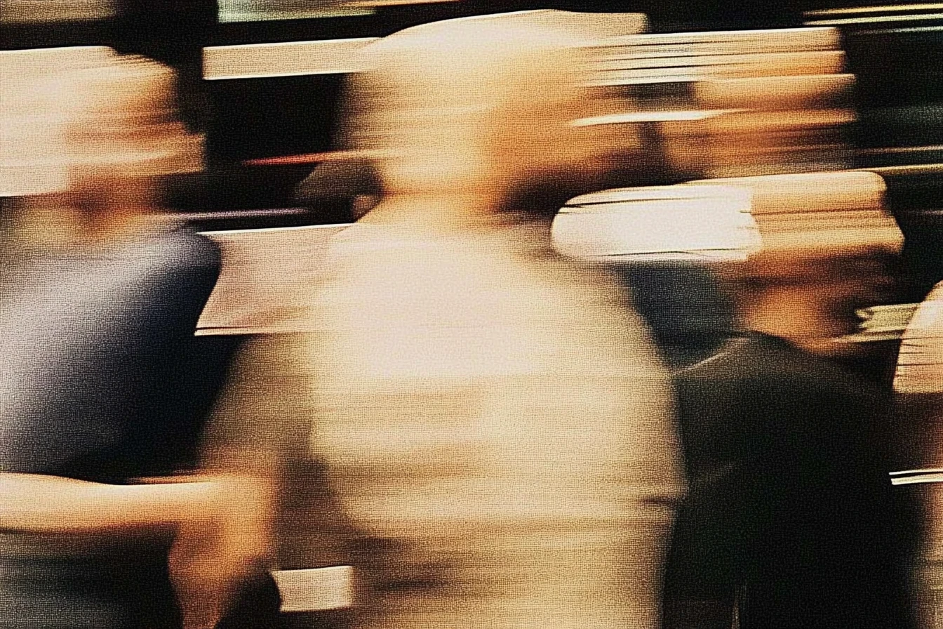 A motion-blurred image of people walking through an urban space. The golden and sepia tones enhance the sense of movement and fleeting presence, capturing the essence of entrepreneurial capabilities and the dynamic nature of strategy routines