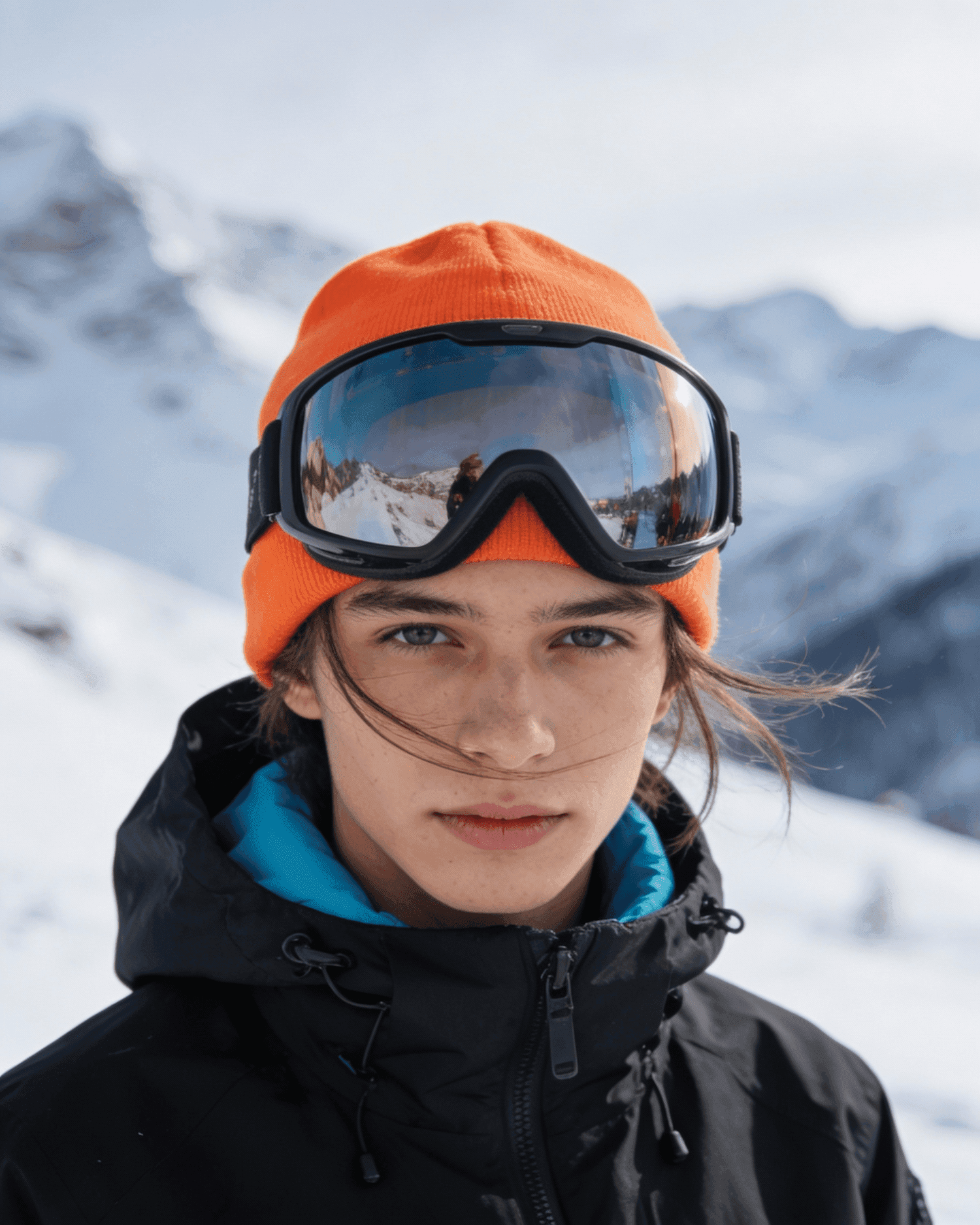 Skier wearing goggles and orange beanie looking at the camera