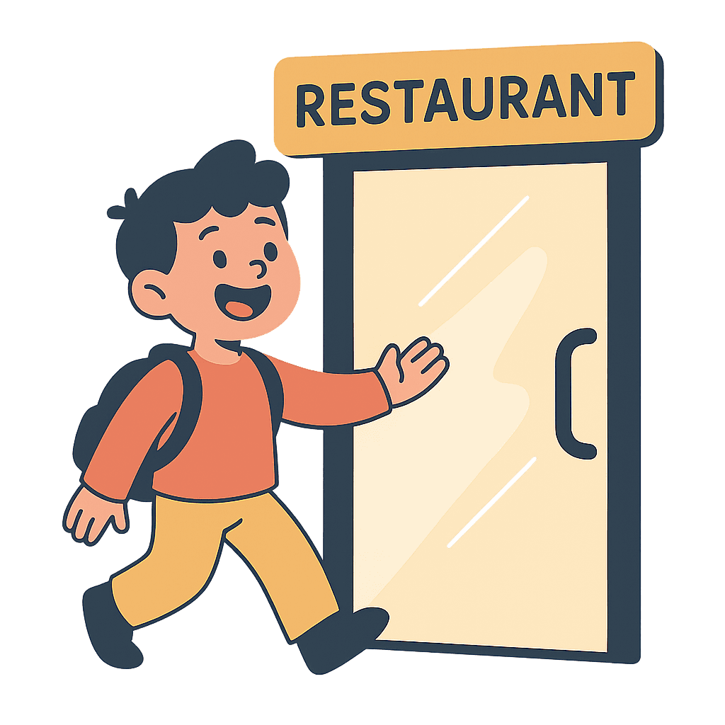illustration d'un enfant qui arrive devant un restaurant