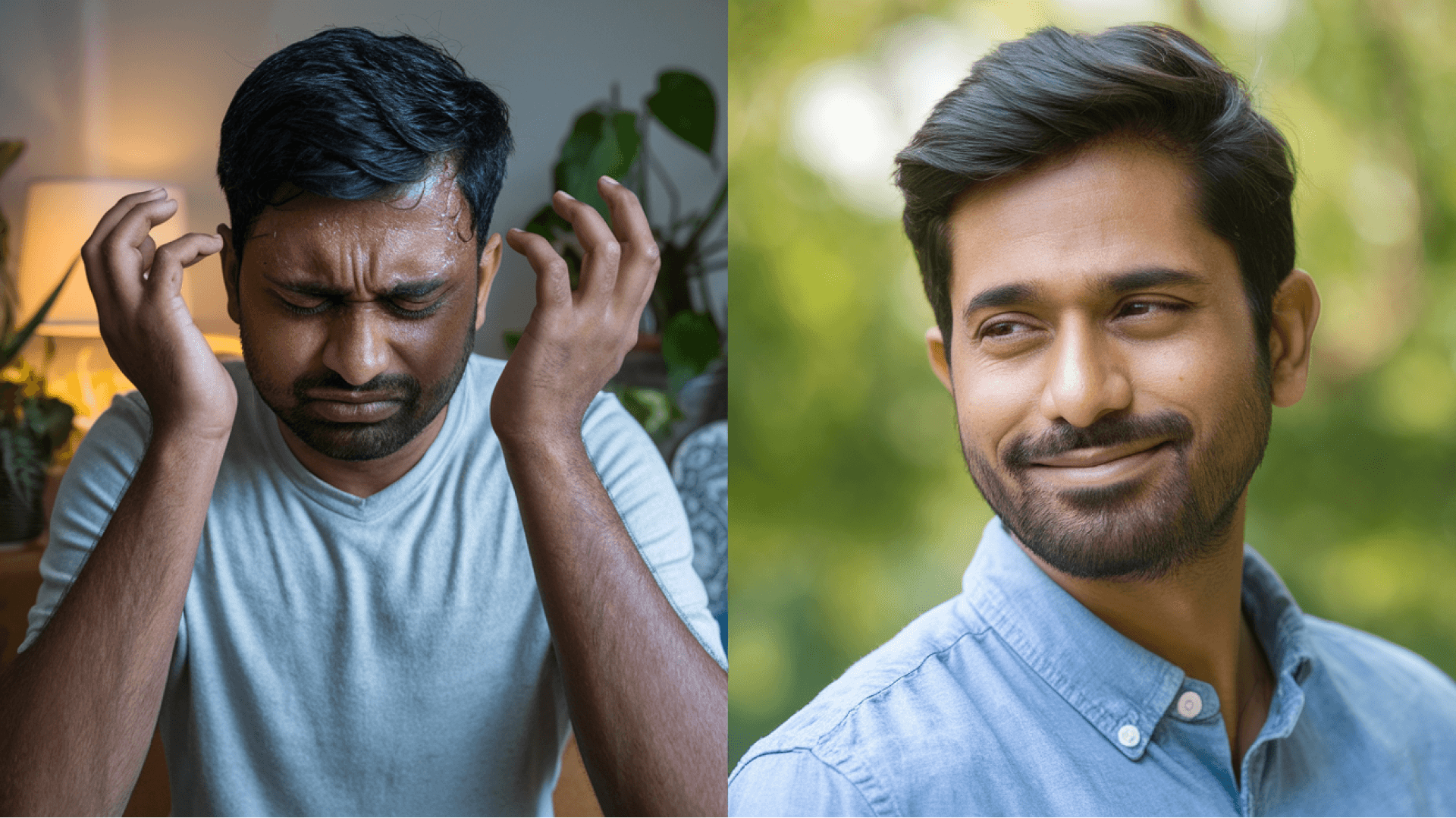 Side-by-side comparison of a man experiencing anxiety and looking calm post-treatment, symbolizing mental health transformation.