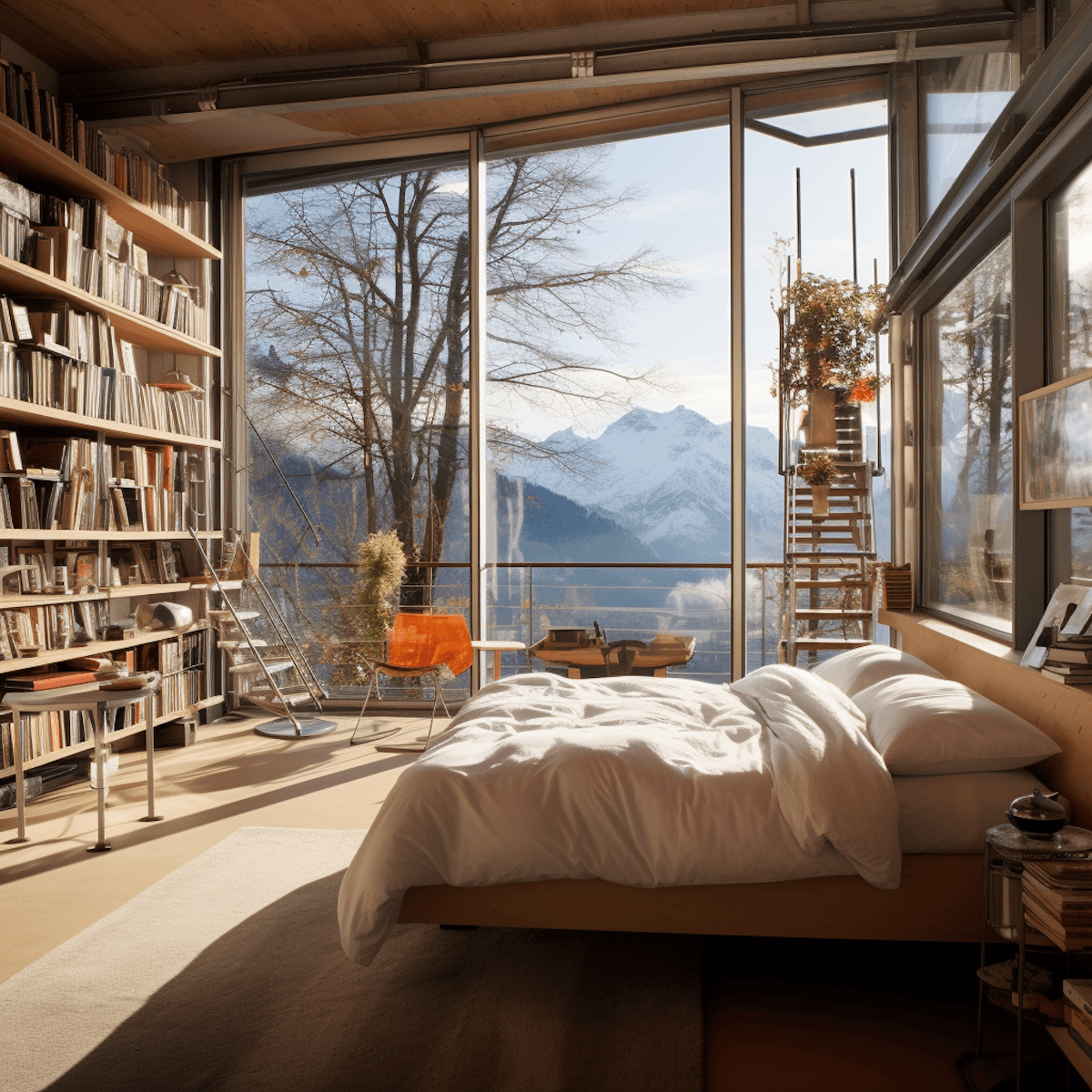 Minimalist cave-style bedroom with sea view at dusk.