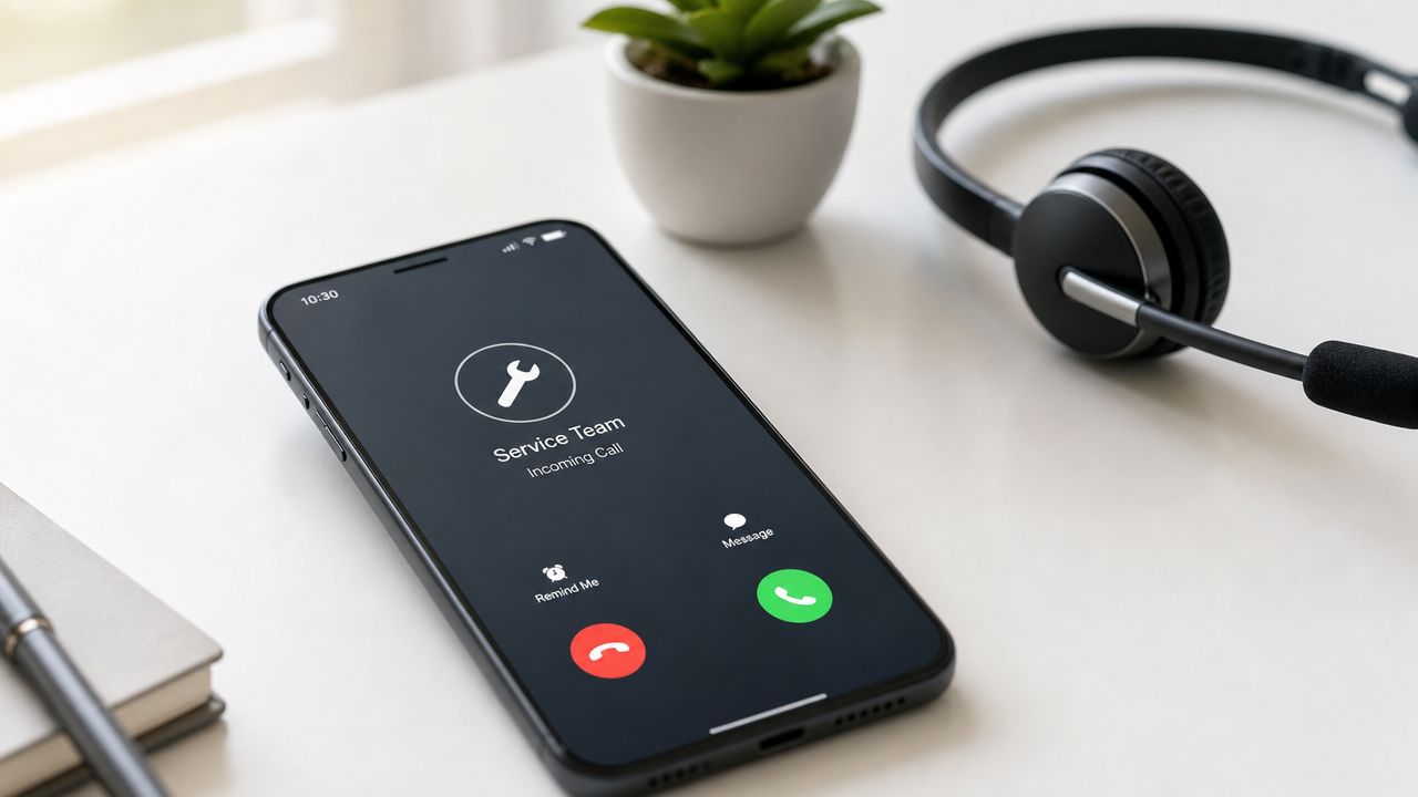 A smartphone on a desk showing an incoming call from the Service Team with headset nearby.