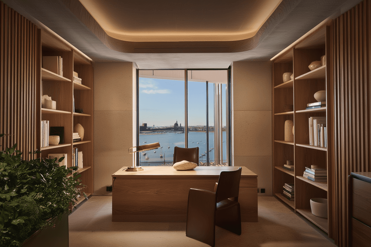 Modern office space with desk, shelving, and waterfront views
