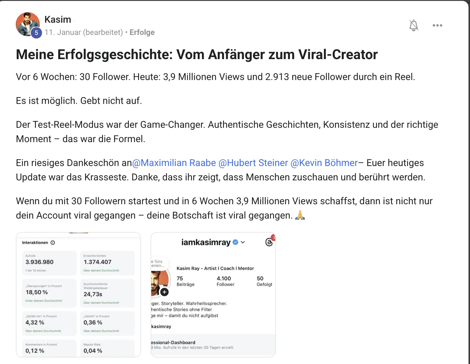 Kundenstimme KI Creator Akademie: Kasim erzielt 3,9 Mio. Views und 2.913 Follower mit einem Reel