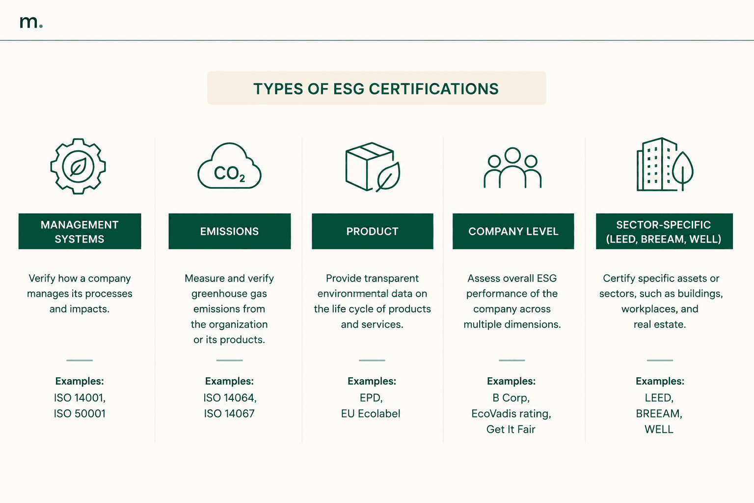 Infographic showing the types of ESG certifications: management systems, emissions, product, company-level certifications, and sector-specific certifications.