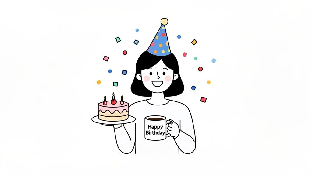 A happy woman in a birthday hat holds a cake with candles and a 'Happy Birthday' mug.