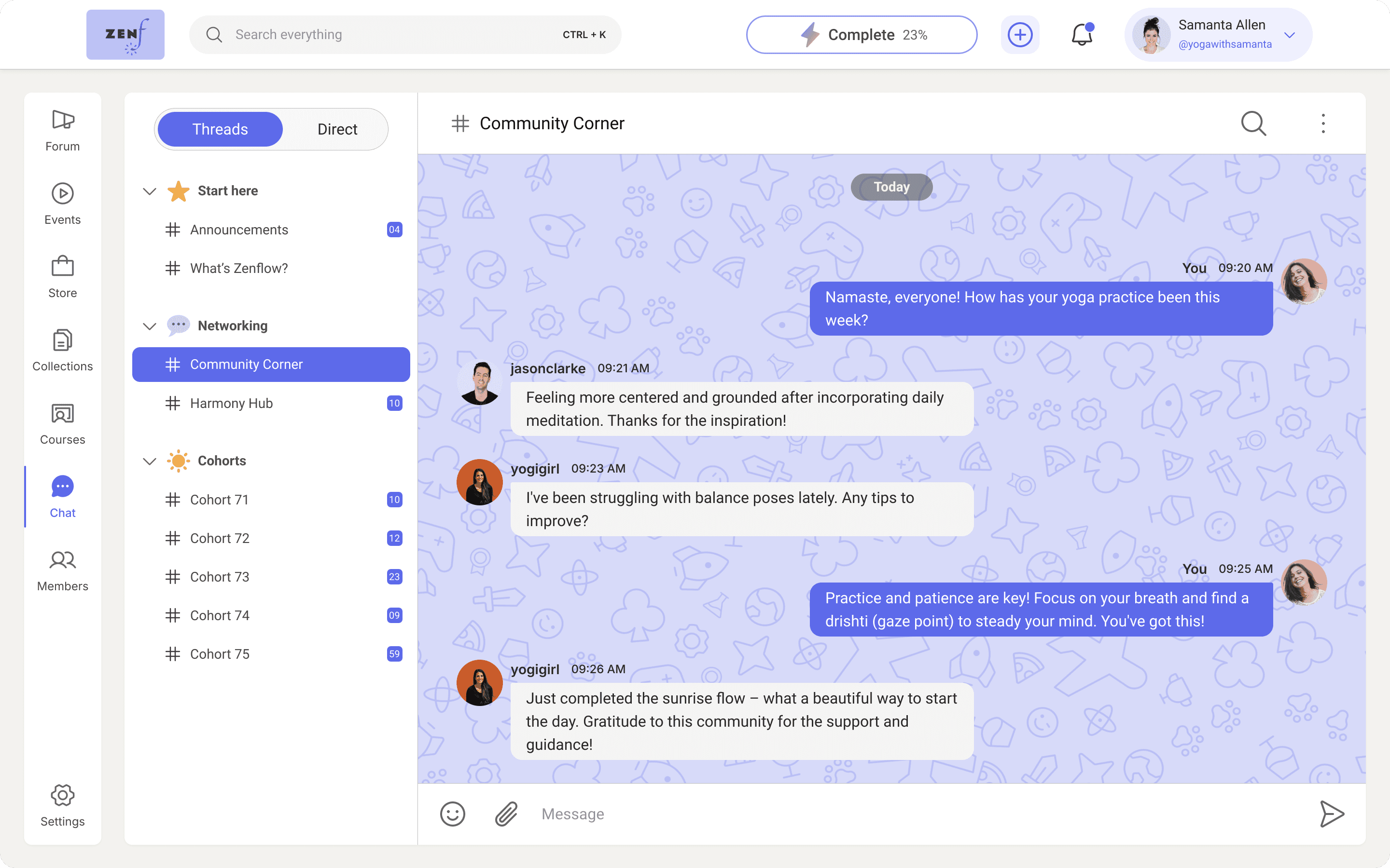 Real-time threaded chat interface within a yoga coaching community built with Wylo, enabling direct member interactions and support.
