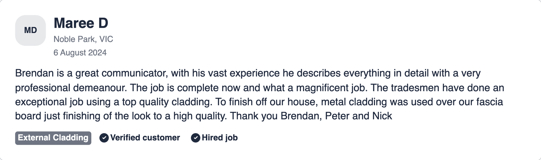 hipages review from Maree D of Noble Park, Victoria, August 2024 - five stars, verified customer