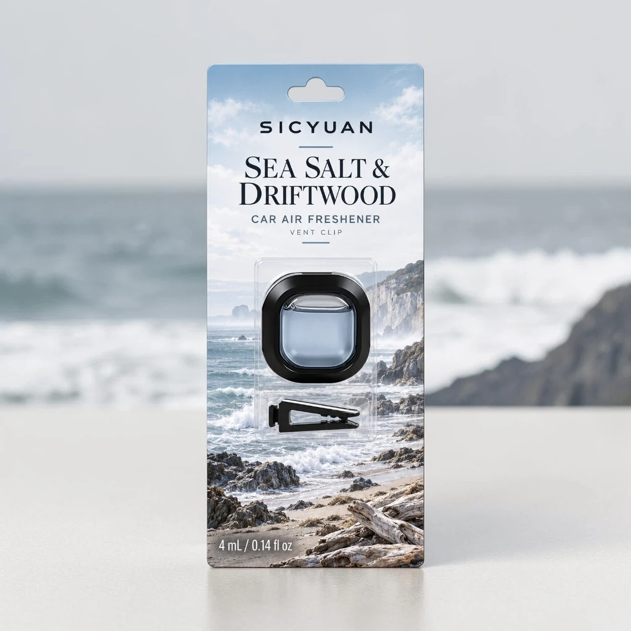 SICYUAN liquid car vent clip air freshener with a black housing and separate vent clip in blister packaging.