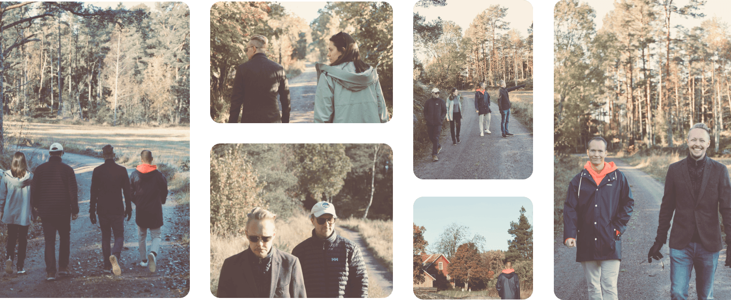 A collage of images of the Aethos team during a team meeting in a autumn forest