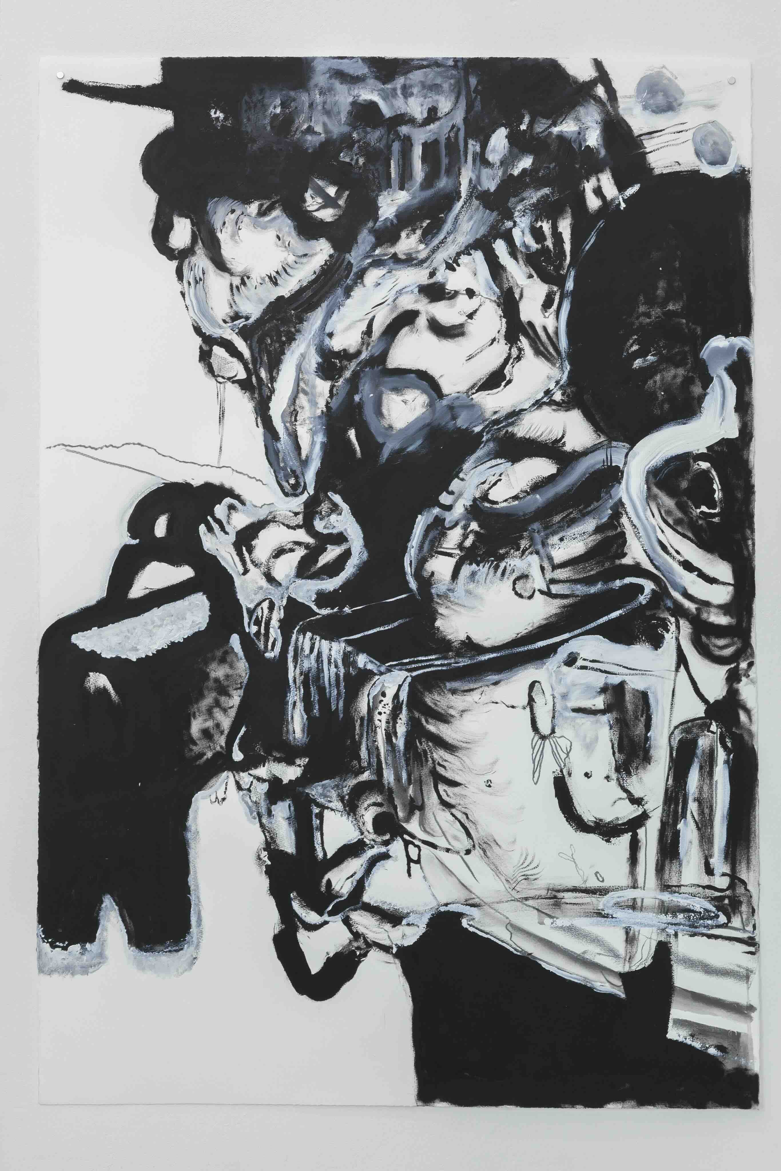 Kapına geldim kendime rağmen (I came to your door despite myself), 2022. Acrylic and graphite on paper, 44 x 30 inches (112 x 76 cm).