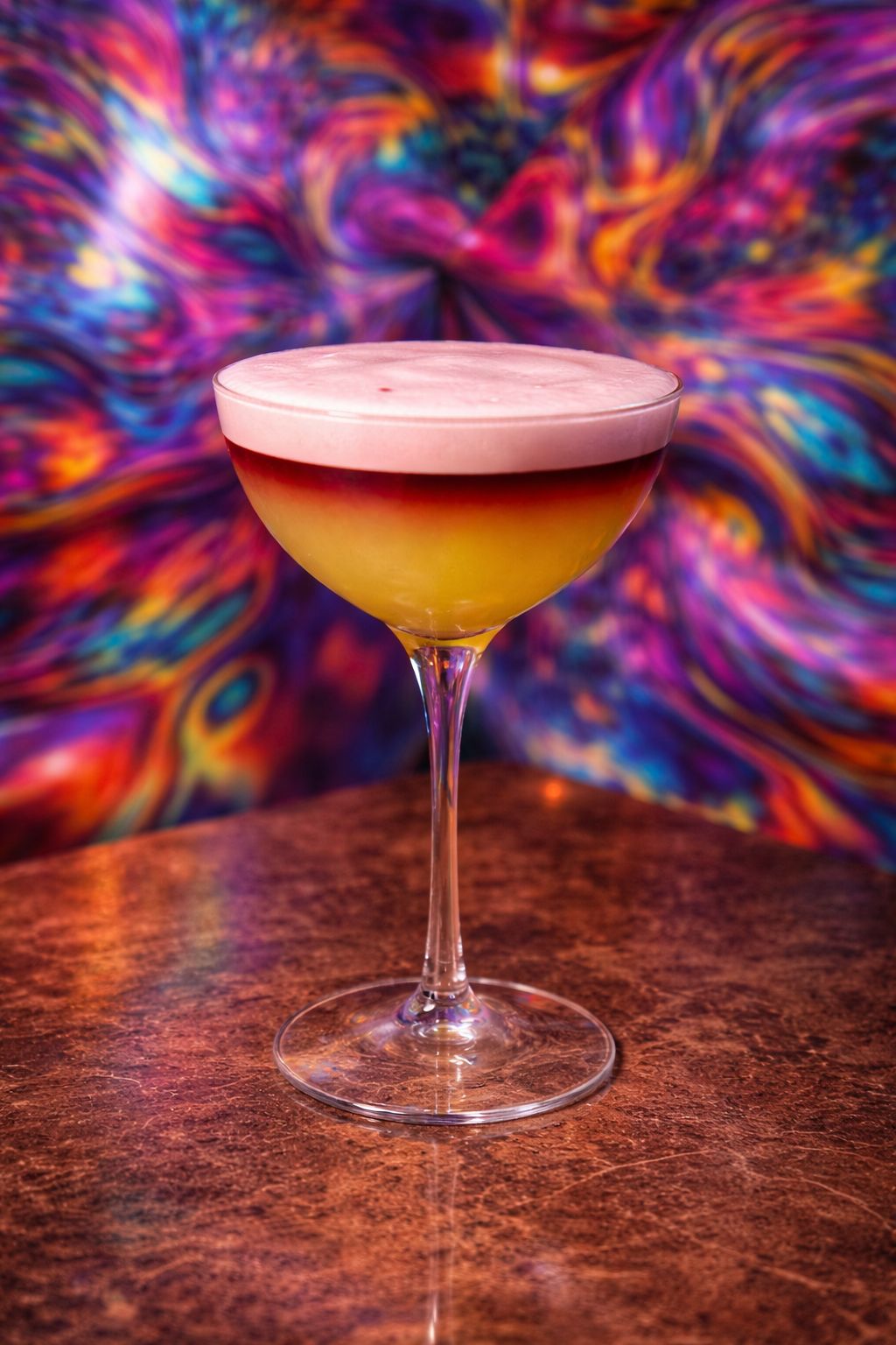 Cocktail giallo con schiuma con sfondo psichedelico