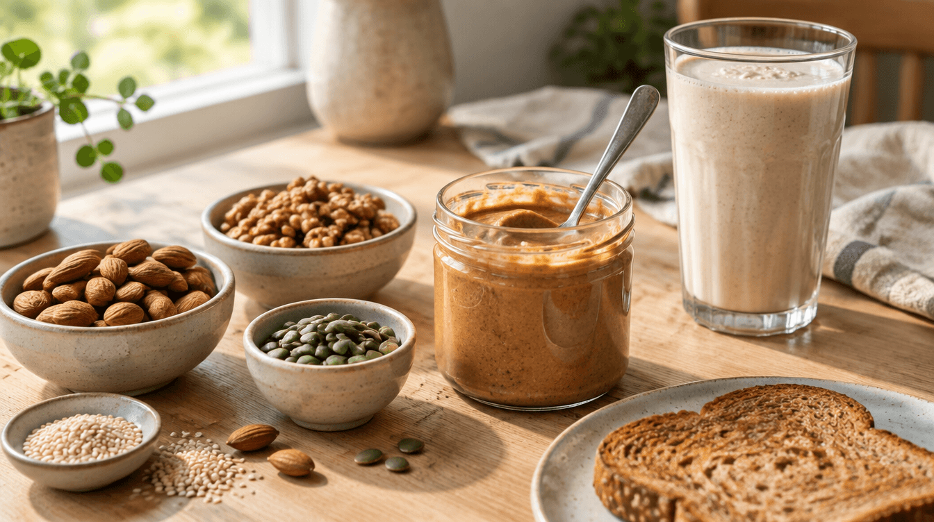 Bowls of almonds, walnuts and pumpkin seeds beside a jar of almond butter and a creamy protein shake on a wooden table in soft morning light.