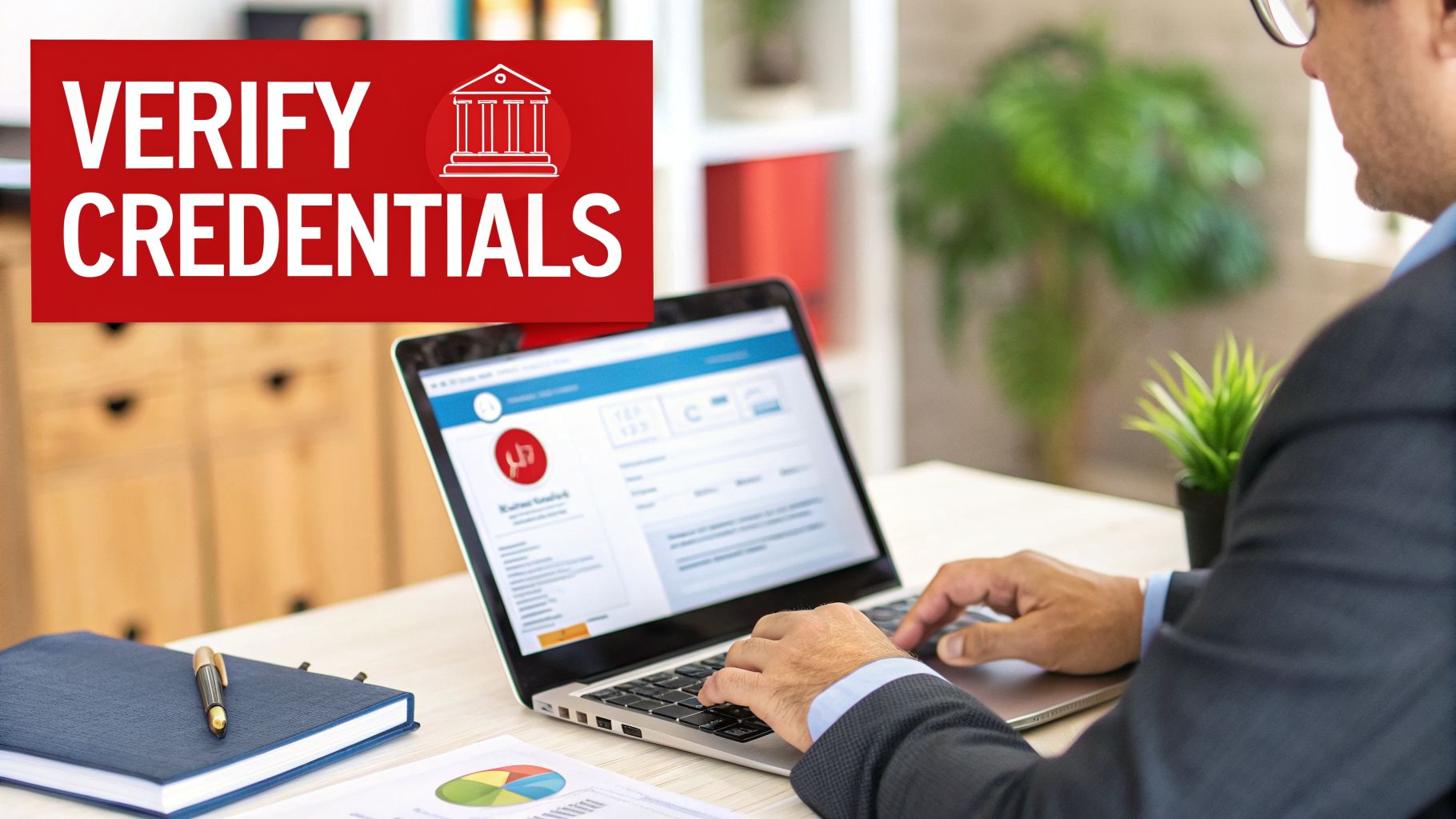 A person typing on a laptop with a 'VERIFY CREDENTIALS' banner and a building icon, on a desk.