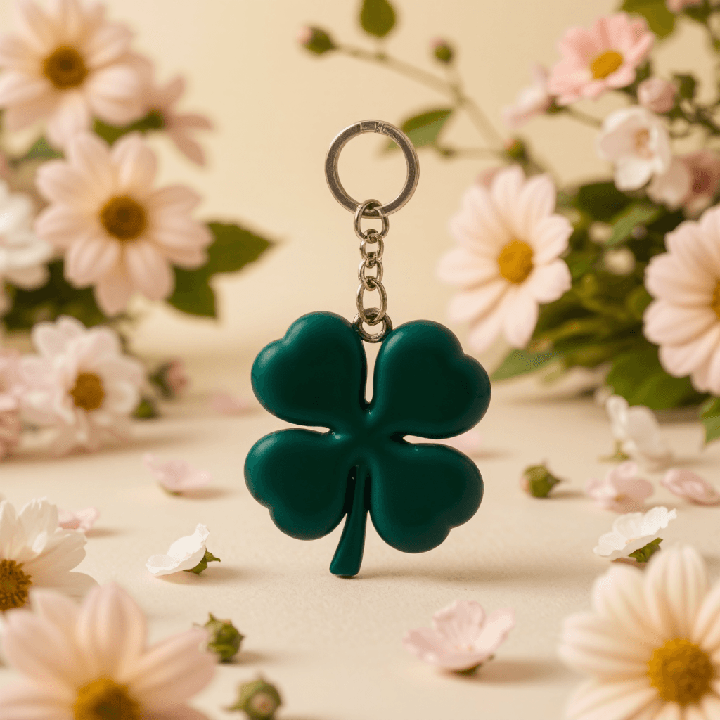 product photography of a keychain with a four-leaf clover design