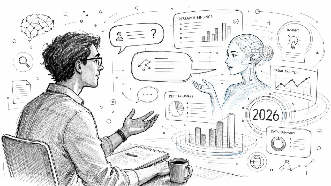 A person discussing data and research findings with an artificial intelligence assistant in a futuristic office setting.