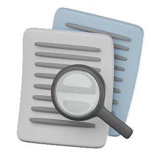 3D Research Reports With Magnifying Glass Icon