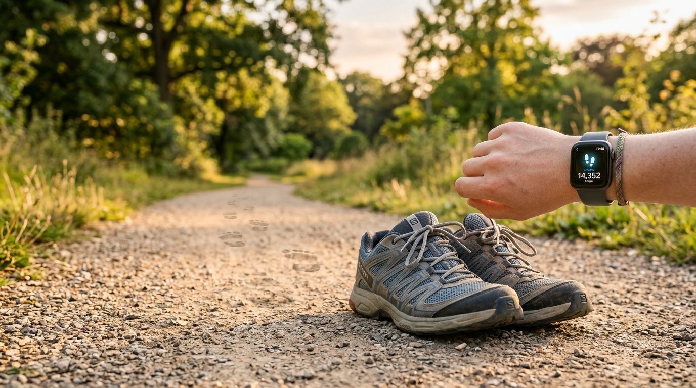 A person checking a fitness watch displaying step count next to hiking shoes on a forest path.