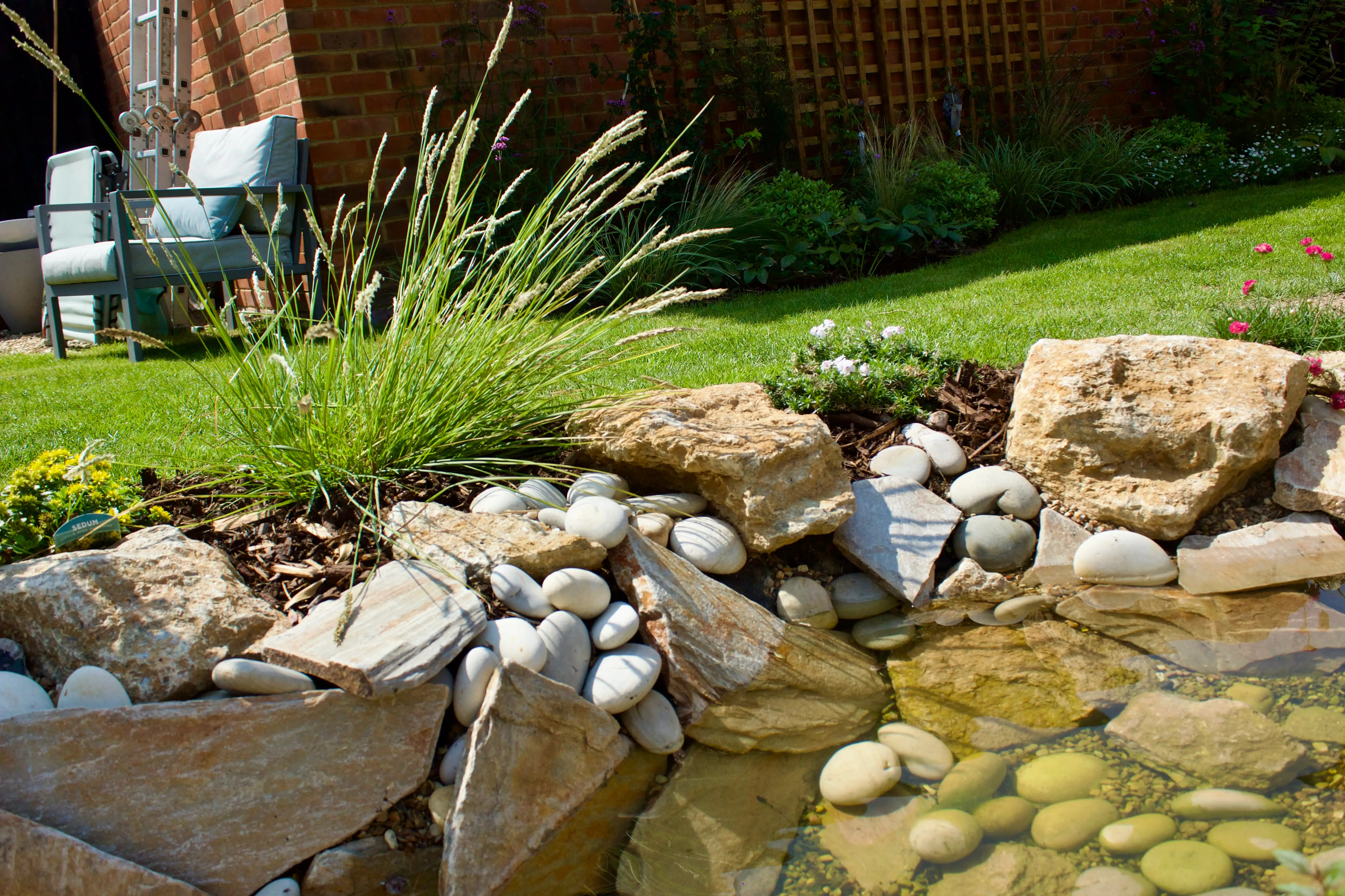 A tranquil garden scene featuring a pond surrounded by rocks and greenery, with a person standing nearby.