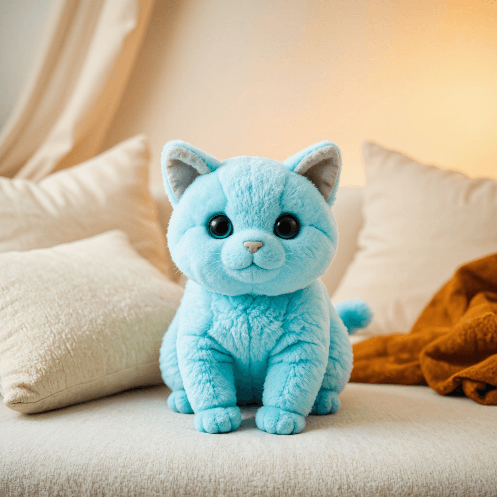 product photography of a plush toy resembling a cute blue cat