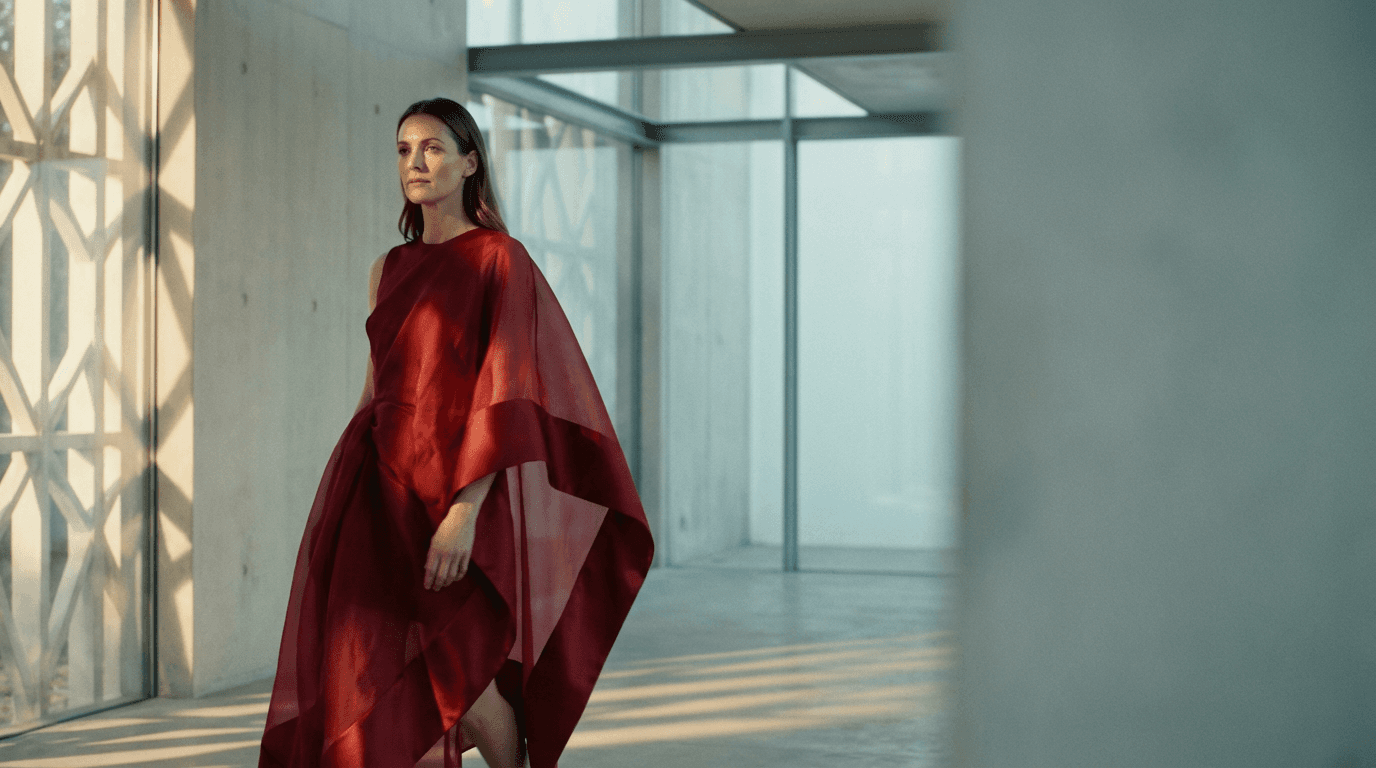 Woman in a flowing red dress walking through a modern interior