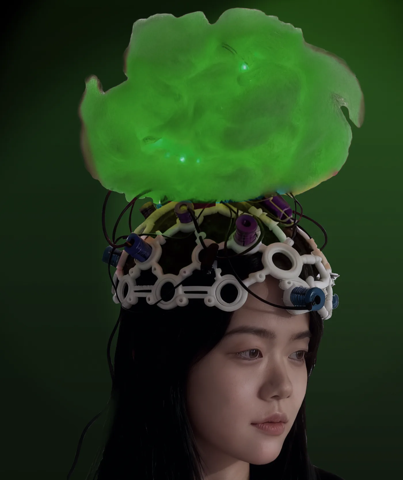 Cognitive Cloud: an EEG cap with a glowing green cloud above the wearer's head