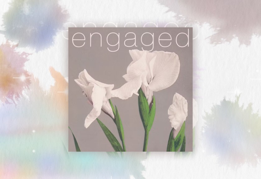 Modern black-and-white engagement save the date with floral overlays and minimalist text.