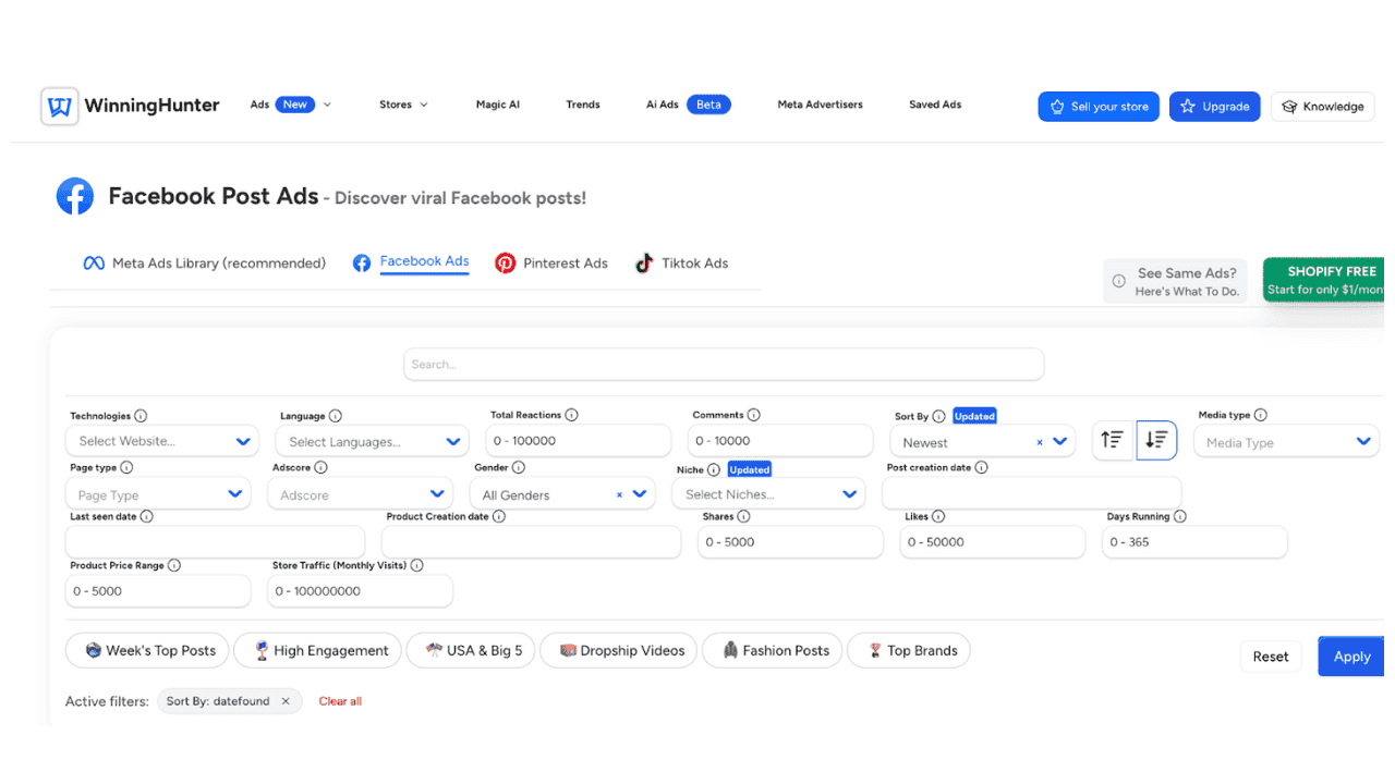 WinningHunter Facebook ads dashboard