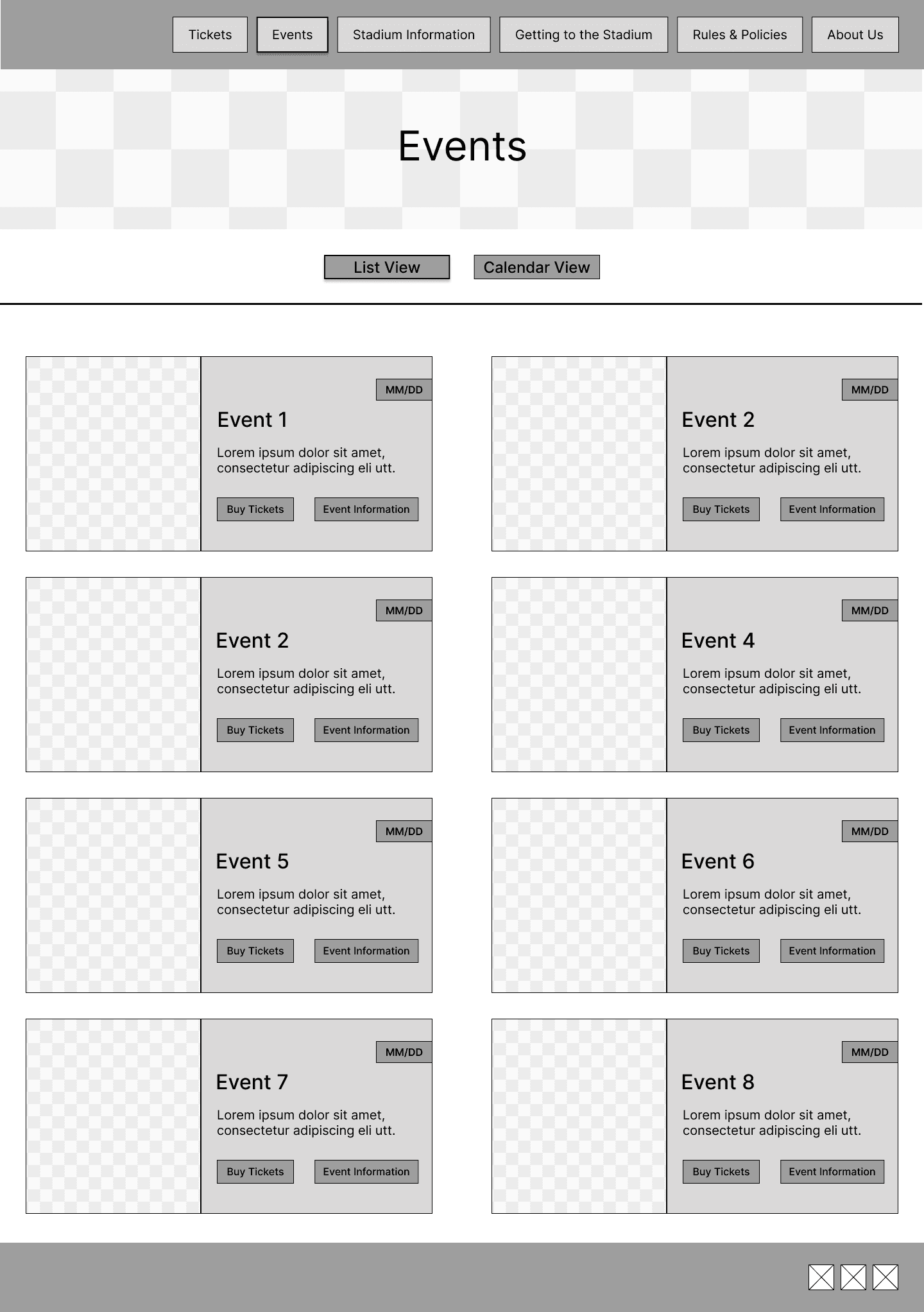 Low-fidelity wireframe of Events page showing List/Calendar view toggle and grid of eight event cards with Buy Tickets and Event Info buttons