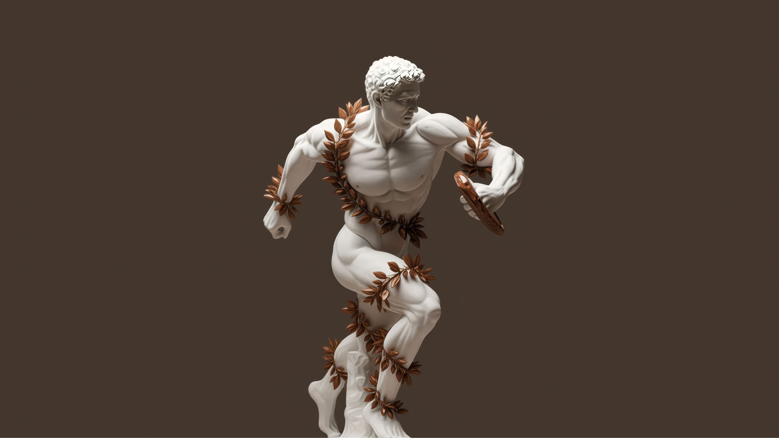 White marble sculpture of a muscular figure in motion, adorned with copper-colored laurel leaves, holding a discus.