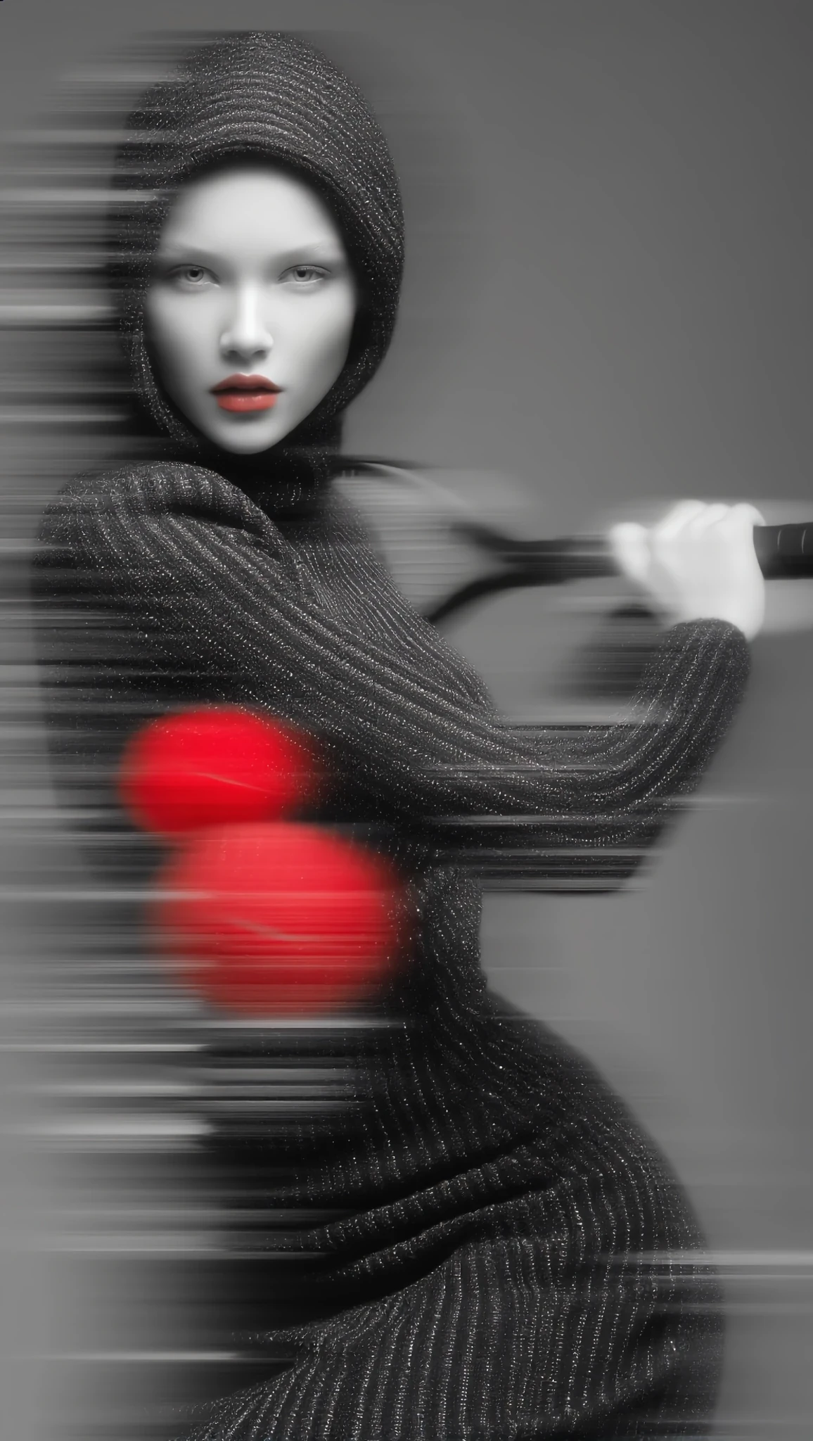 Opera Love you in a wrong language di Smateriae, figura incappucciata in maglia nera con labbra rosse, mano guantata su una racchetta e sfere rosse sfocate in movimento.