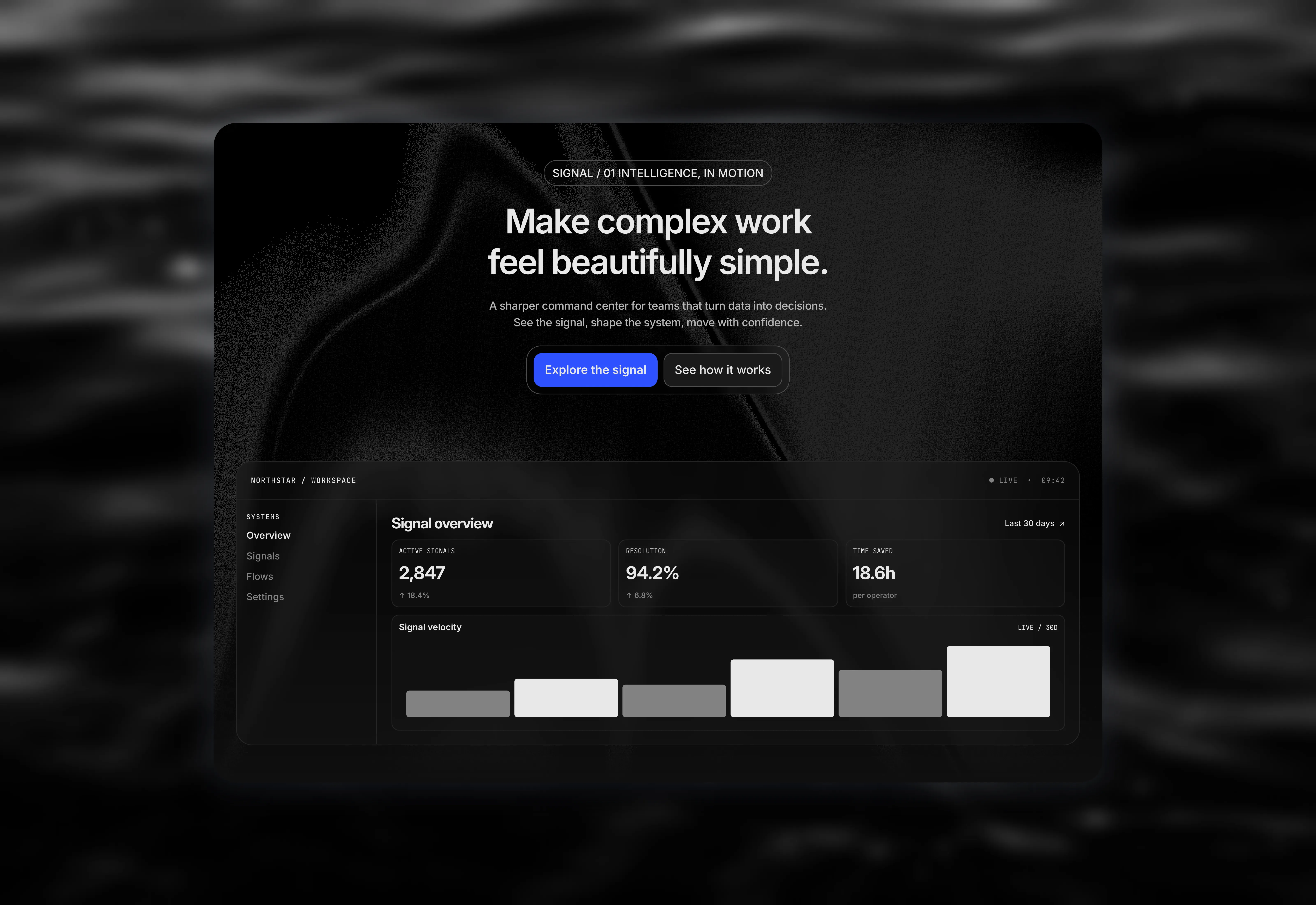 A dark themed UI design of a hero section for desktop breakpoints.