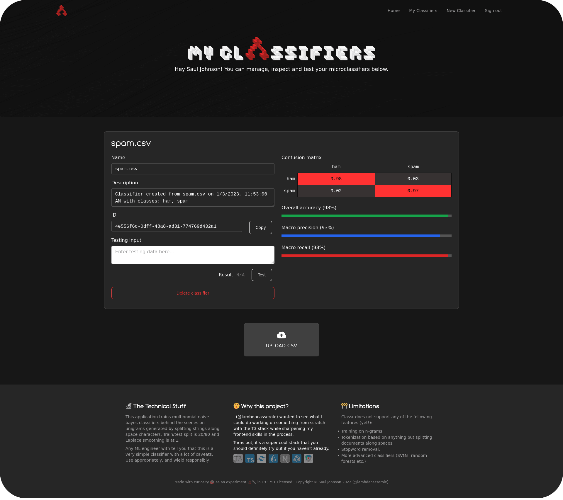 A screenshot of the Classr MLaaS application, showing a classifier trained to distinguish SMS spam from non-spam.