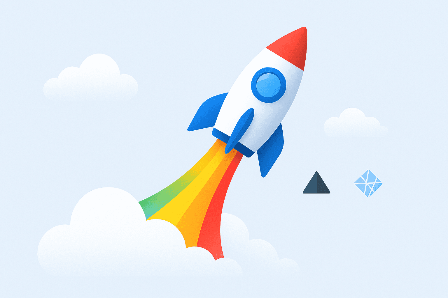 Rocket launching from clouds with rainbow trail representing app deployment on hosting platforms.