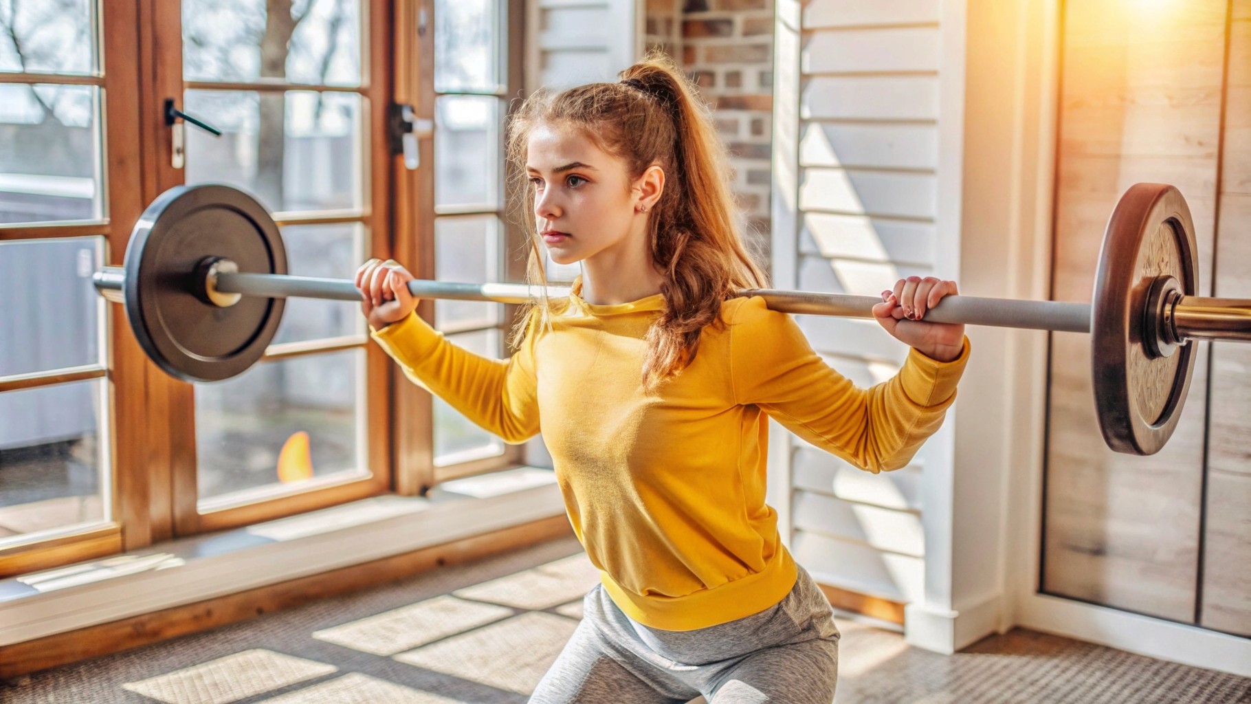 a teen girl trains with barbell