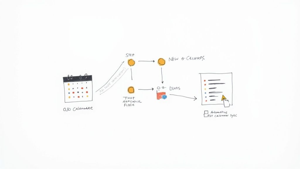 A hand-drawn flowchart illustrating a process with an old calendar, steps for new callers, and calendar sync.