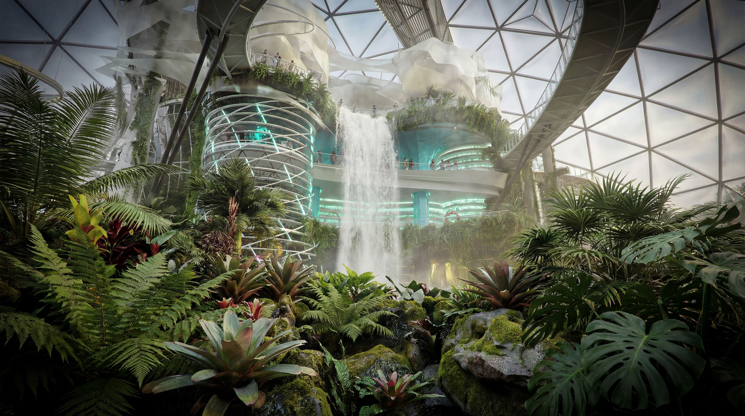 Architectural CGI interior visualization with waterfall.