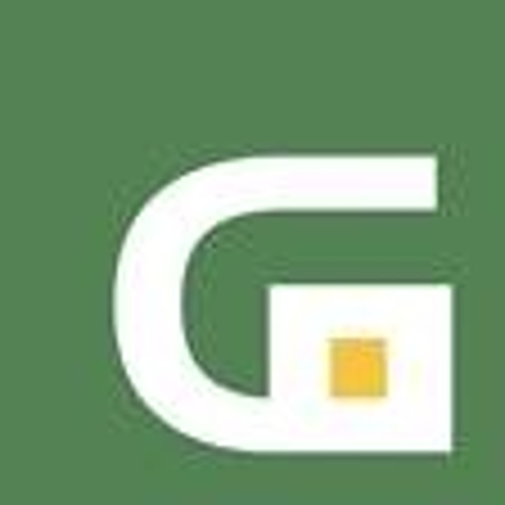 Logo mit weissem 'G' und gelbem Quadrat, grünem Hintergrund