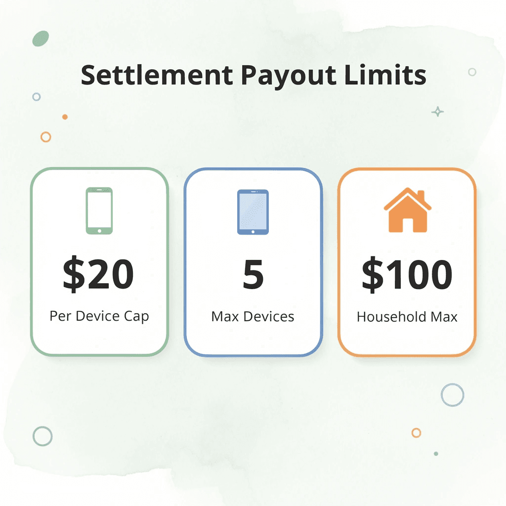 Infographic showing key settlement payout figures: $20 per device, 5 devices max, $100 household cap