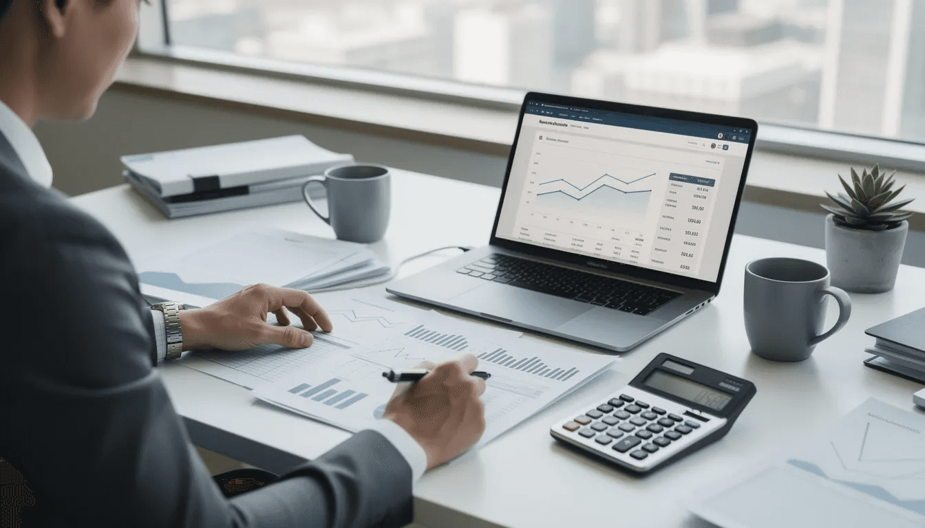 A person is sitting at a desk, intently reviewing financial documents alongside a calculator and a laptop, likely analyzing their tax liabilities and exploring options for tax advantaged accounts. The scene suggests a focus on strategies to reduce taxable income and maximize tax savings through various investment accounts.