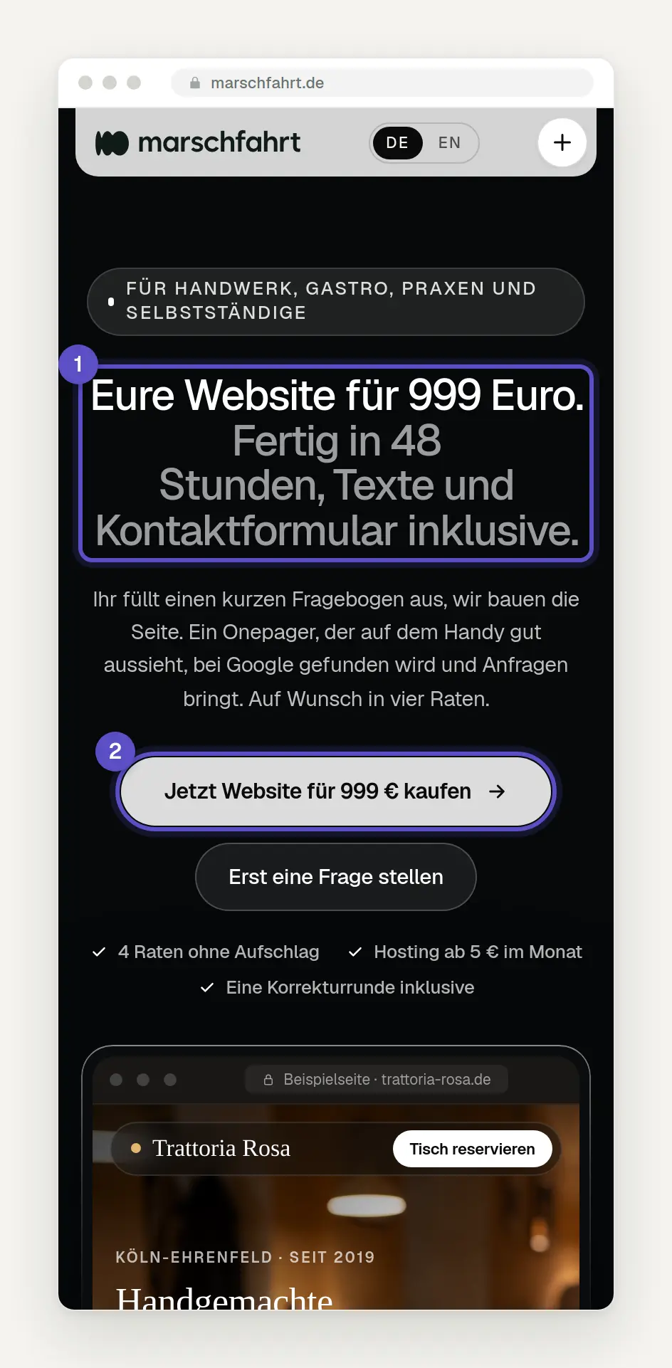 Die Angebotsseite für die Website für 999 Euro, selbst ein Onepager, in der Handyansicht mit Überschrift und Kaufknopf ohne Scrollen