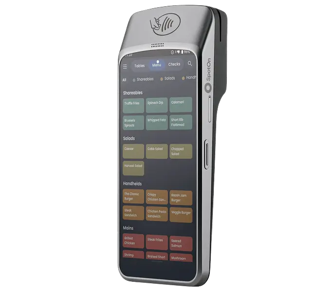 A sleek, modern portable point-of-sale terminal with a touch screen displaying a menu layout, featuring categories like "Shareables," "Salads," and "Mains," branded with the logo and "SpotOn," designed for use in Bradenton, FL.