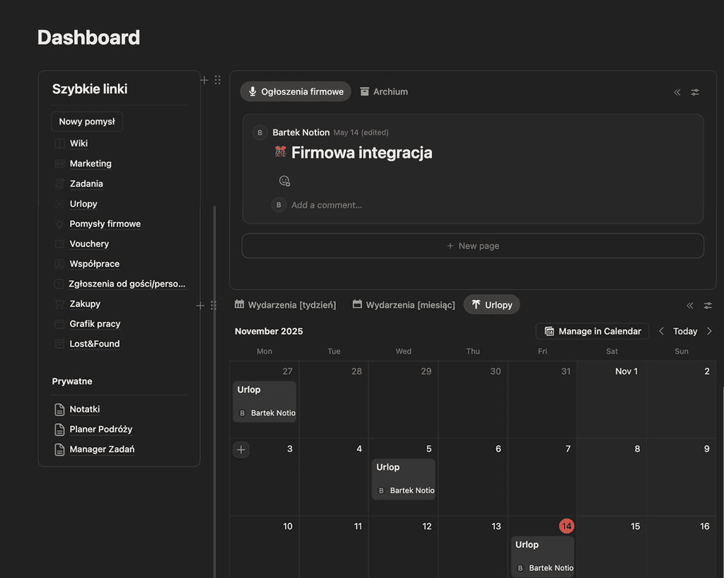 Dashboard systemu Notion dla firm