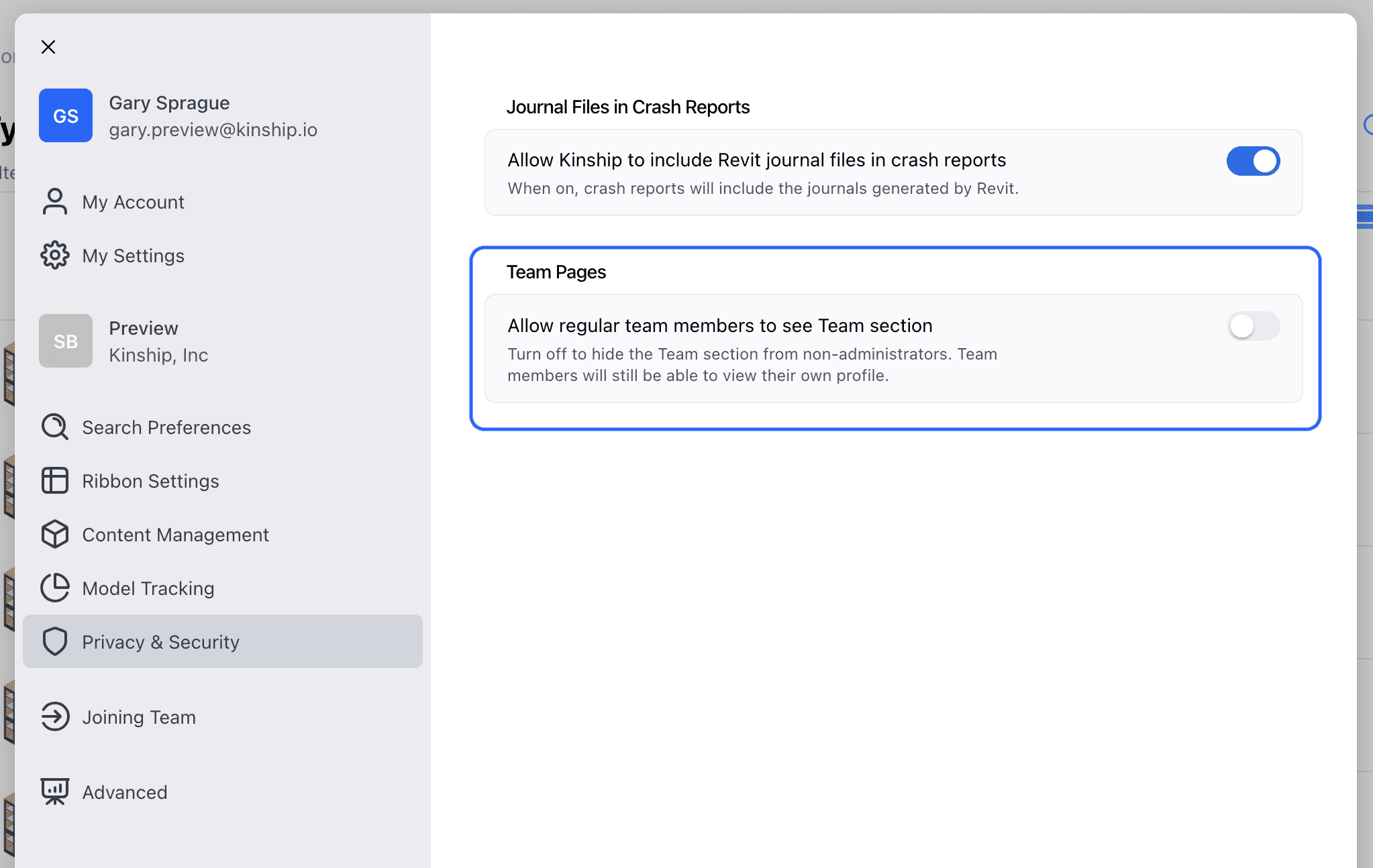 Toggle the Team Pages setting under Privacy & Security to show or hide the Team section for non-administrators.
